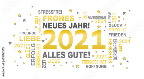frohes neues jahr 2021 in gold und grau mit sternen