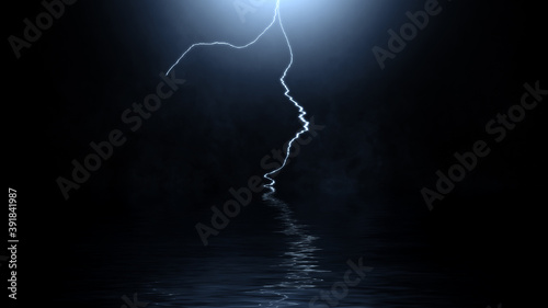Abstract realistic nature blue lightning thunder background . Bright curved line on isolated texture overlays. Stock illustration. Reflection in water.