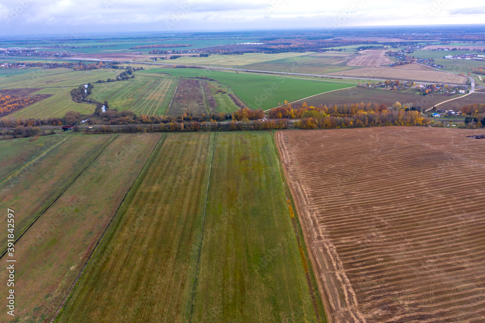Aerial view of agricultural landscape in autumn season