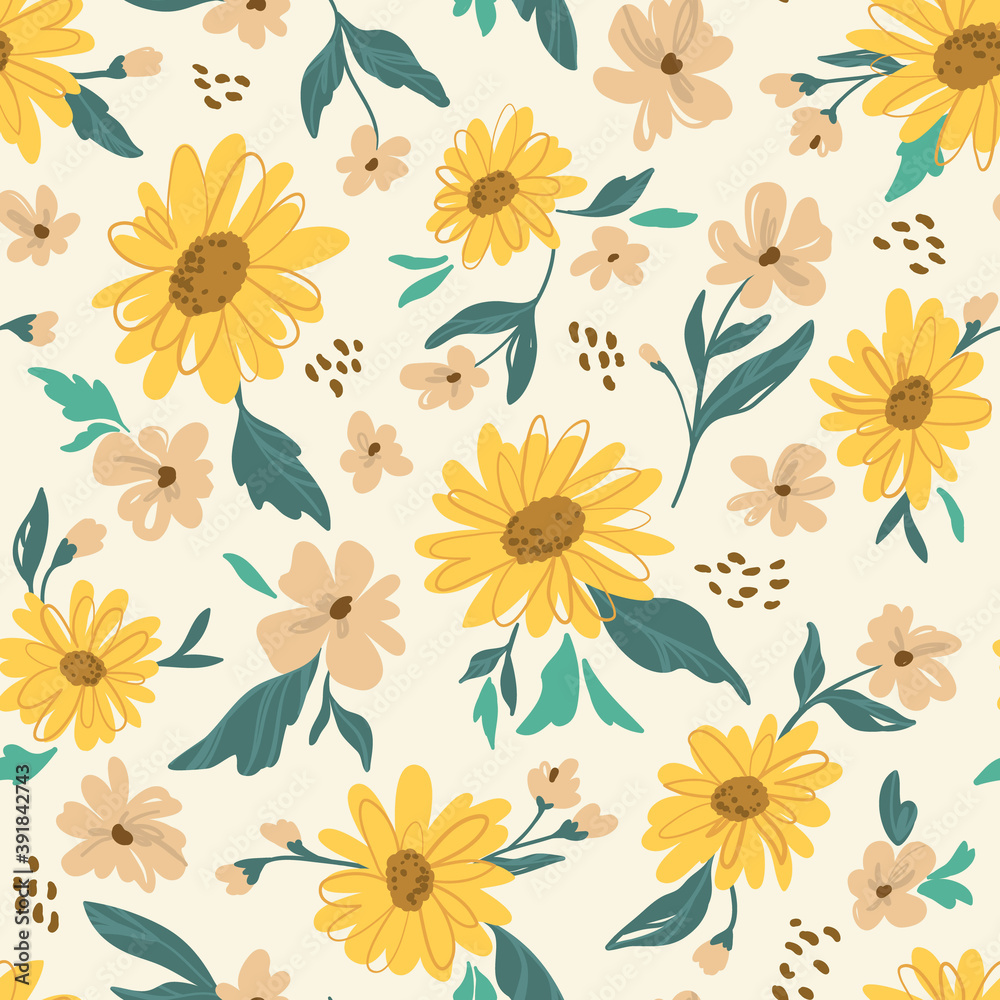 Sunflower seamless pattern. Yellow daisy on off white background. Perfect ornament for fashion fabric or other printable covers.