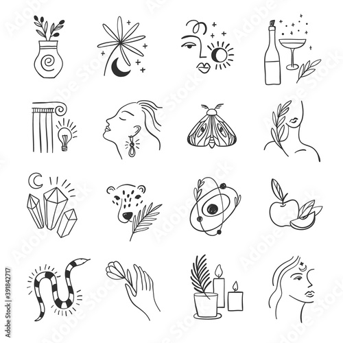 Set of highlights stories icon for social media. Trendy vector composition with flowers and alchemy, bohemian signs. Linear elements for blog or website
