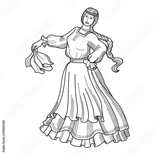 Heraldry. Beautiful dancing girl. Vector illustration isolated on white. For coloring book.