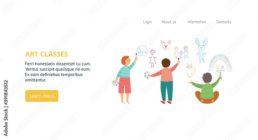 Children art classes site interface with cartoon kids flat vector illustration. Children art classes site interface with cartoon kids flat vector illustration.