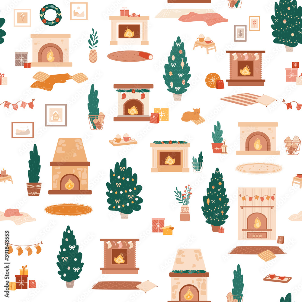 Big set of New Year objects. Fireplace, Christmas tree, gift boxes, cozy home decor, sleeping cat on pillow and blanket. Cute vector illustration for season's holiday card, package, textile, wrapping.