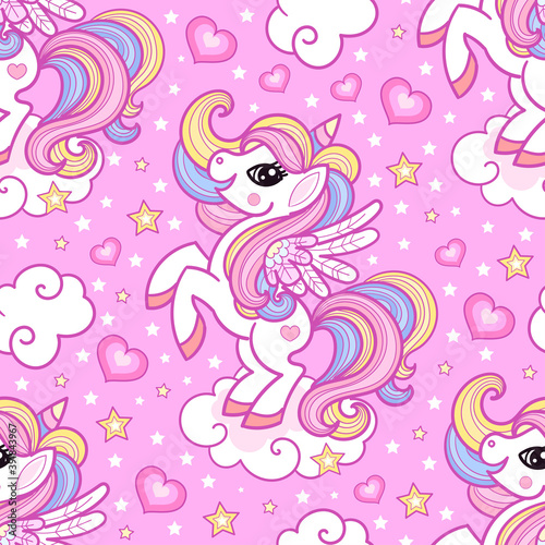 Seamless pattern and white unicorns on a pink background. Vector.