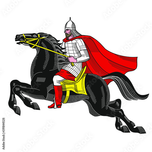 Old Russian knight with  armor and helmet on horse. Heraldry. Hand drawn vector illustration Isolated on white .