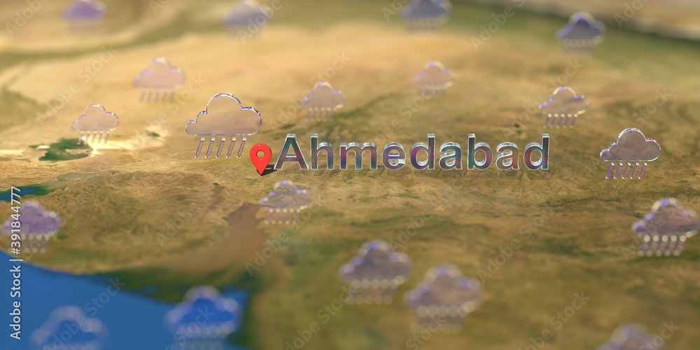 Rainy weather icons near Ahmedabad city on the map, weather forecast related 3D rendering Rainy weather icons near Ahmedabad city on the map, weather forecast related 3D rendering