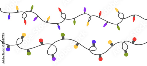 Christmas color lights garland set on white background. Bright colored lights decoration. Glowing bulb for xmas cards, banners, posters, web. Led neon lamp. Vector illustration