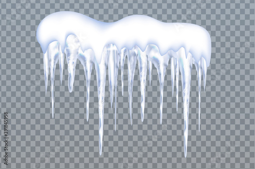 Set of snowy elements,icicles and caps on winter background. Winter seasonal decorations. Vector template in realistic style.