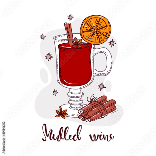 Hot drink mulled wine and cinnamon sticks. Vector illustration.