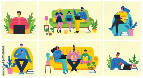 Stay and work at home. Parents and child at home and using digital device, reading book and playing guitar. Hobby infographic design elements vector illustration
