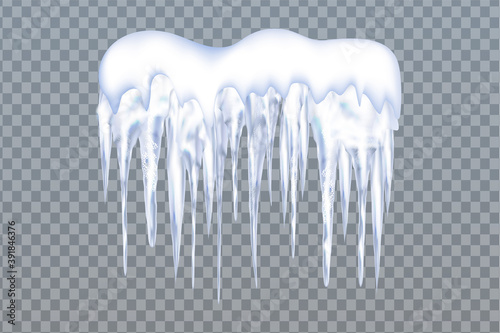 Set of snowy elements,icicles and caps on winter background. Winter seasonal decorations. Vector template in realistic style.