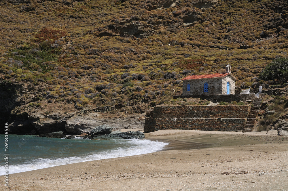 The beach of Achla on the island of Andros Cyclades Greece.Saint Nicholas