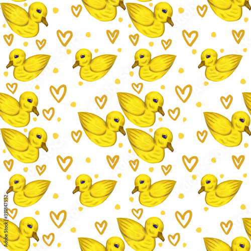 Seamless pattern  illustration  yellow beautiful duck sitting with blue eye and beak on white background with yellow hearts, birds, animals, for greeting cards, decoration, fabric, packaging, design © ELV4MP