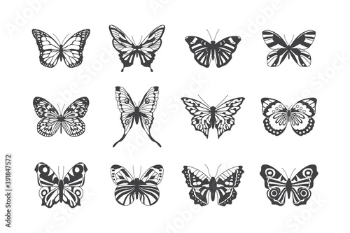 Line butterfly shapes set of black and white vector illustrations isolated.