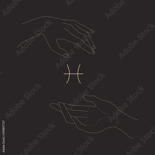 Female Hands Holding Pisces Glyph. Gesture And Pisces Zodiac Sign. Magic Hands Silhouette. Outline Isolated Vector Illustration. Design Element For Logotype, Tattoo, Print, Icon.