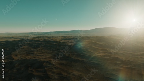 Mountain landscape. Mountain range in haze. Rays of light in lumen of mountains and clouds. Stormy weather 3d render