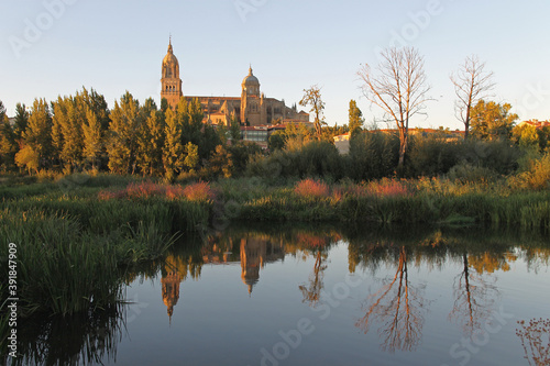 A panoramic view of the new cathedral of Salamanca from the Tormes river in summer, Castilla and Leon, Spain