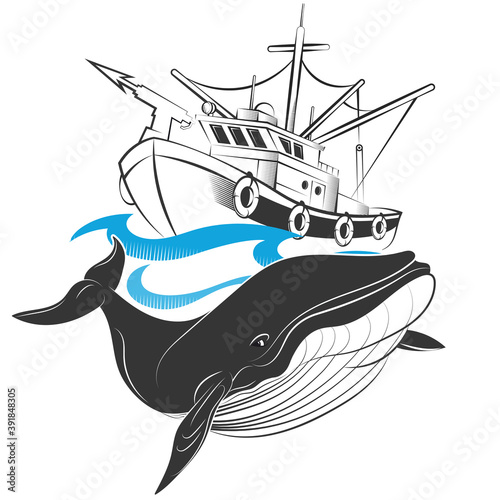 Whaling ship on blue waves and whale design