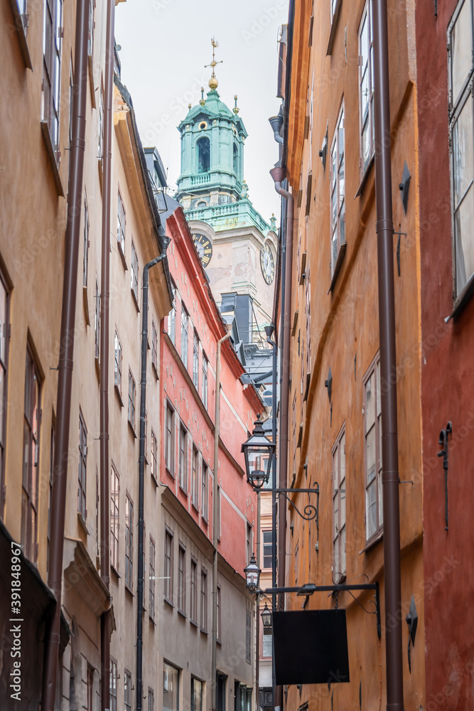 Narrow street in Gamla Stan, Stockholm, Sweden.
