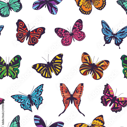 Vector seamless background with colorful butterflies with patterns on open wings