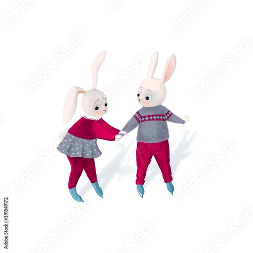 Couple of cute little cartoon hare learning to skate. Winter illustration