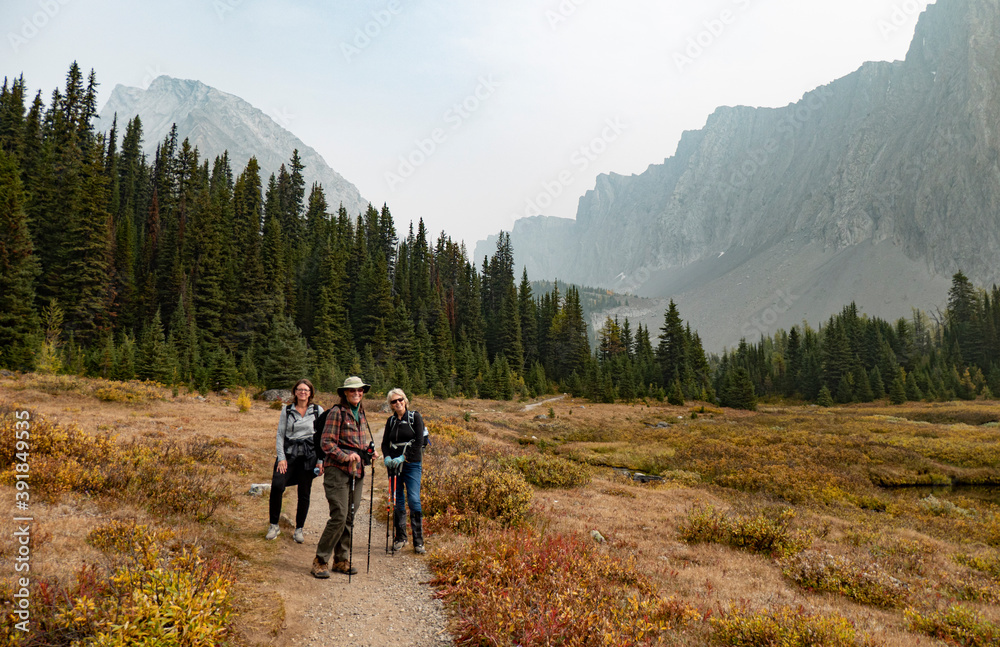 Friends hiking in the Canadian Rocky Mountains