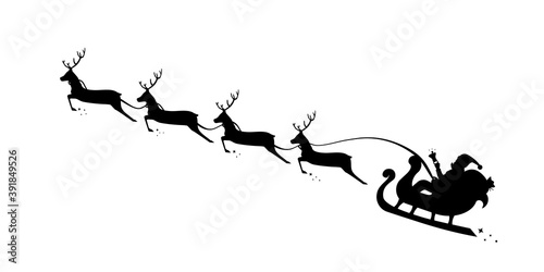 Christmas Sleigh Santa fly in sky. Silhouette reindeer and sleigh Santa. Vector illustration