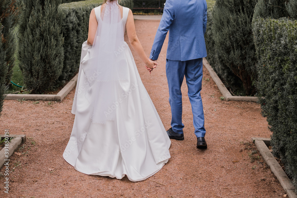 groom with bride together autumn park at wedding groom with bride together autumn park at wedding