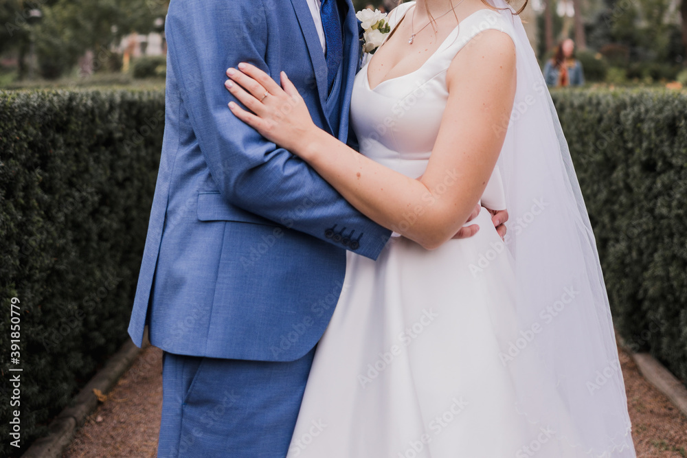 groom with bride together autumn park at wedding groom with bride together autumn park at wedding