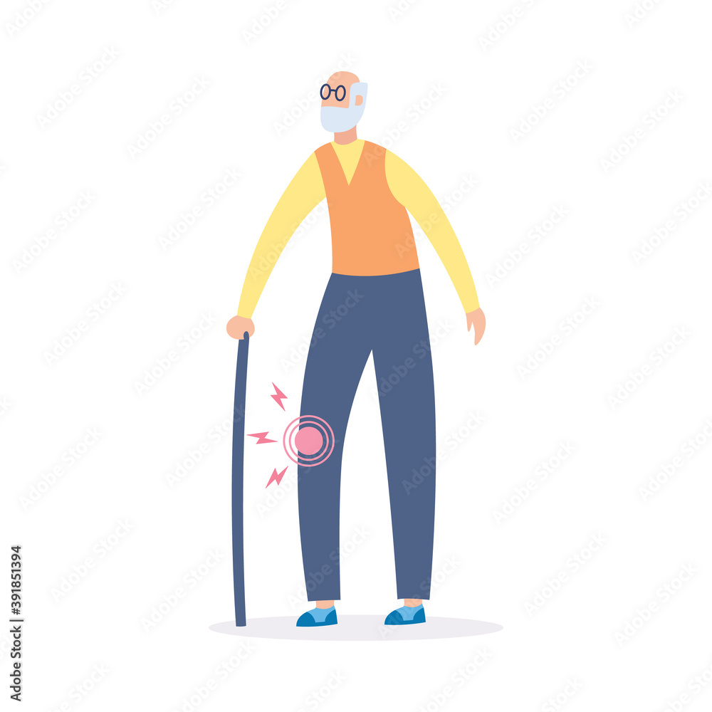 Elderly man with osteoarthritis in knee joint, flat vector illustration isolated. Elderly man with osteoarthritis in knee joint, flat vector illustration isolated.