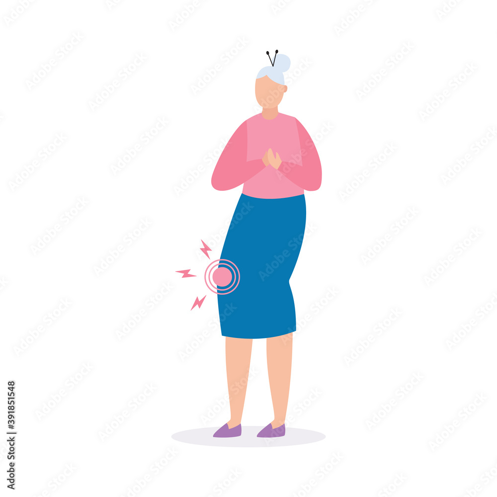 Elderly woman is suffering from osteoarthritis of knee joint a vector illustration Elderly woman is suffering from osteoarthritis of knee joint a vector illustration