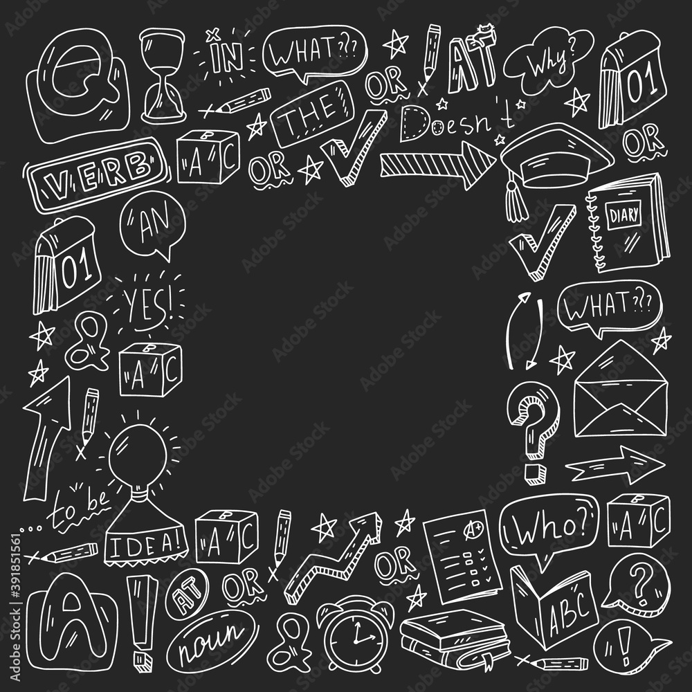 Doodle vector pattern. Illustration of learning English language. E-learning, online education in internet. Doodle vector pattern. Illustration of learning English language. E-learning, online education in internet.