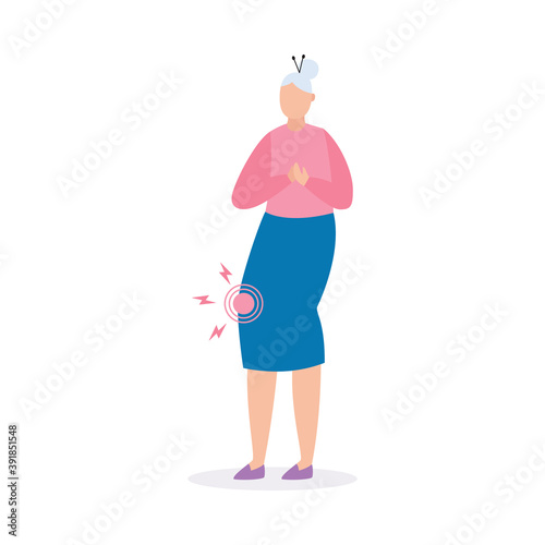 Elderly woman is suffering from osteoarthritis of knee joint a vector illustration