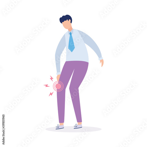 Young man feeling pain attack in knee joint flat vector illustration isolated.