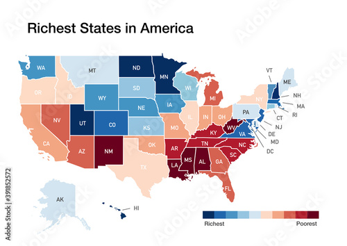 Cuadro en lienzo Map with the richest states in the USA