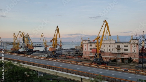 Industrial port landscape with cargo cranes and empty cargo overpass