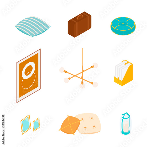 Isometric home decoration and furniture set. Vector collection. Illustration in flat design.