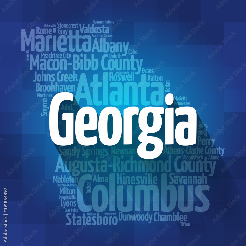 List of cities in Georgia USA state, map silhouette word cloud map concept