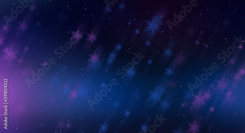 Dark neon abstract winter background with snowflakes. Smooth lines  snowflakes in motion. Winter snowy Christmas abstract background.