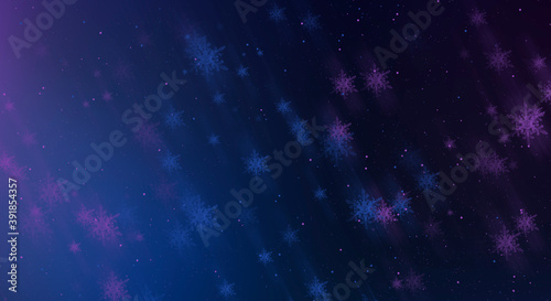 Dark neon abstract winter background with snowflakes. Smooth lines, snowflakes in motion. Winter snowy Christmas abstract background.