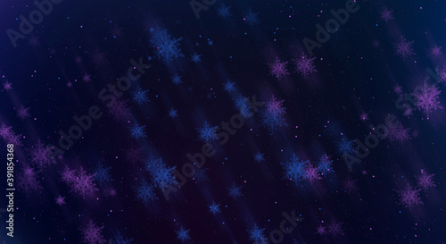 Dark neon abstract winter background with snowflakes. Smooth lines, snowflakes in motion. Winter snowy Christmas abstract background.
