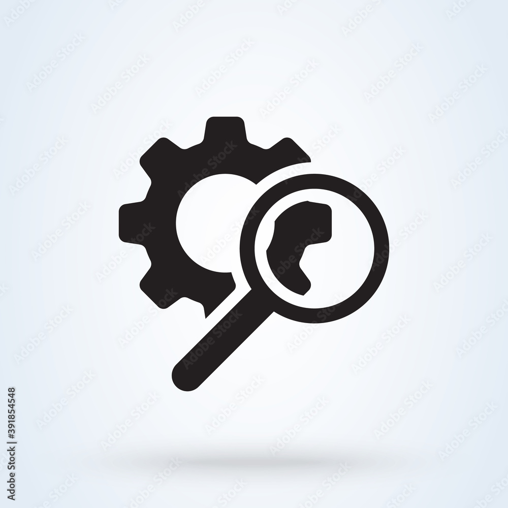 Magnifying glass sign icon or logo. Search Gear Tool concept. looking over the gear to see the detail, vector illustration. Magnifying glass sign icon or logo. Search Gear Tool concept. looking over the gear to see the detail, vector illustration.