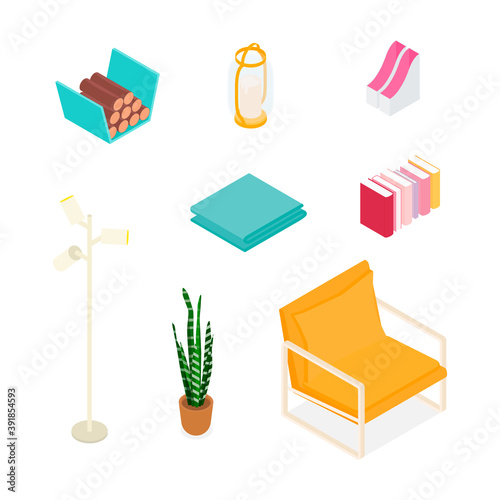 Isometric home decoration and furniture set. Vector collection. Illustration in flat design.