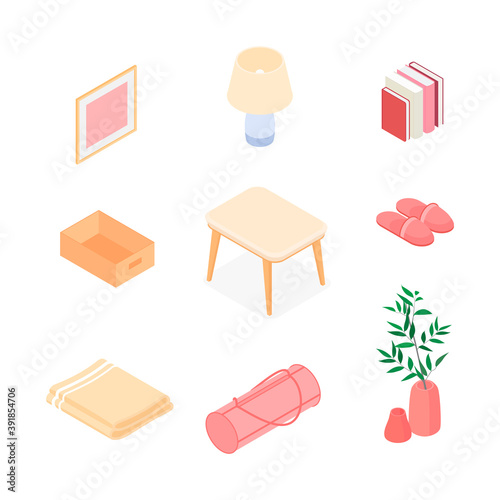 Isometric home decoration and furniture set. Vector collection. Illustration in flat design.