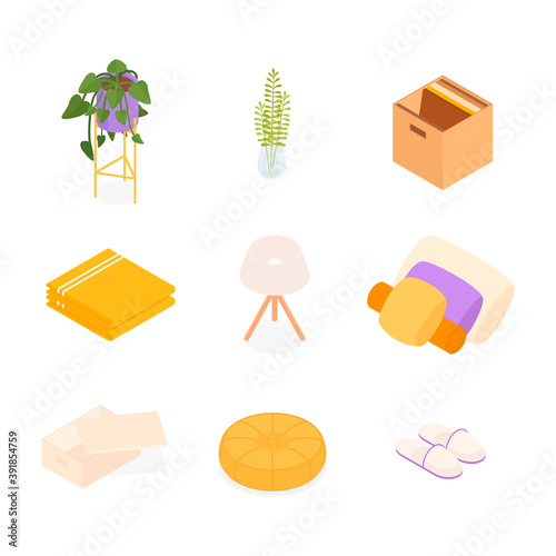 Isometric home decoration and furniture set. Vector collection. Illustration in flat design.