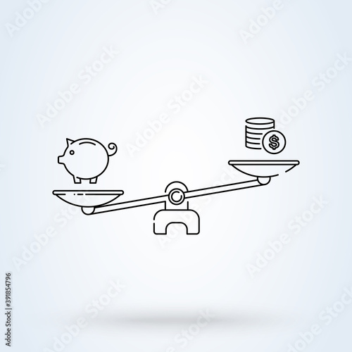 Scales and  money in a piggy sign line icon or logo. Piggy bank concept. Balance scales a fully piggy bank, vector linear illustration.