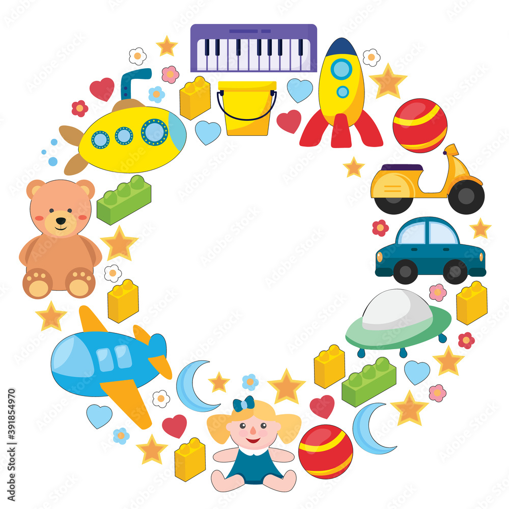 Fototapeta premium Vector pattern with the collection of toys. Doll, submarine, plane, ship. Children and kindergarten illustration.