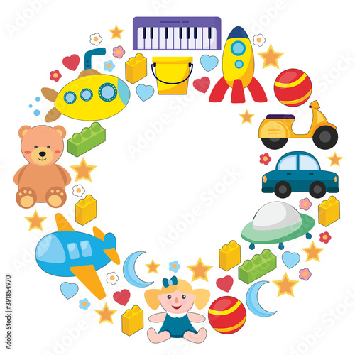Vector pattern with the collection of toys. Doll, submarine, plane, ship. Children and kindergarten illustration.