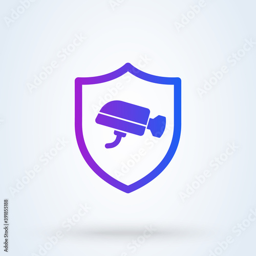 shield security cctv camera sign icon or logo. security and technology concept. Surveillance CCTV Camera vector illustration.
